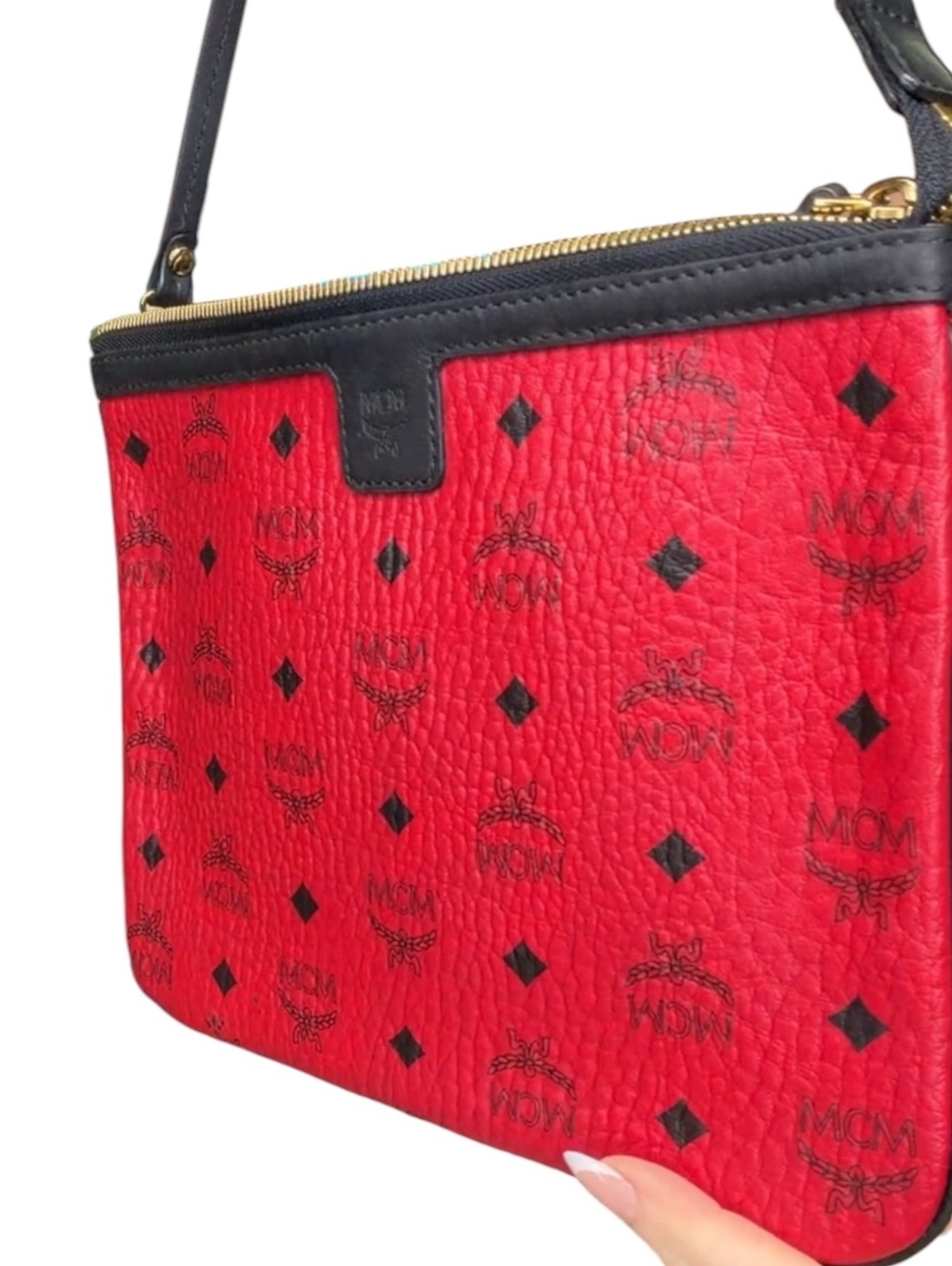 MCM Red Visetos Coated Canvas Zip Wristlet Clutch Pouch Black Trim Gold Hardware - Picture 3 of 10